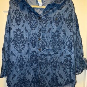 Damask Print Denim Button Down Shirt Roll Tab Long‎ Sleeve